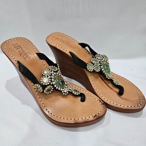 Mystique Sequin Mother of Pearl Leather Wedge Sandal Size 8 Black Embellished